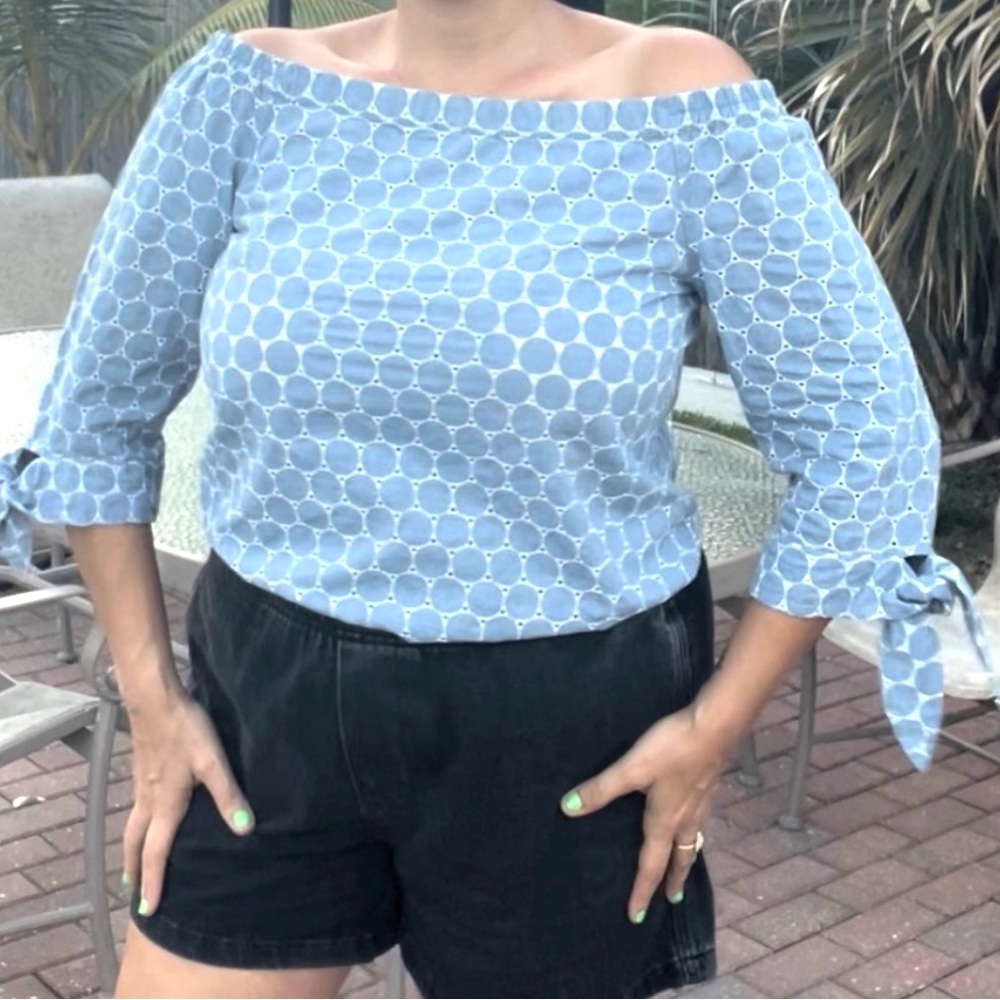 Lafayette 148 Blue Off-Shoulder with Bow Sleeves Blouse
